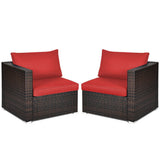 2PCS Patio Rattan Sectional Conversation Sofa Set-Red