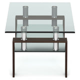 Rectangle Glass Coffee Table with Metal Legs for Living Room-Brown