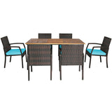 7Pcs Patio Rattan Cushioned Dining Set with Umbrella Hole-Turquoise