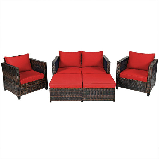 5 Pieces Patio Cushioned Rattan Furniture Set-Red