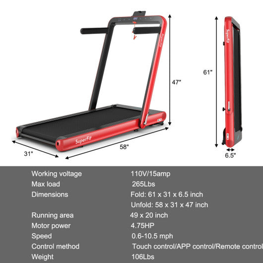 4.75HP 2 In 1 Folding Treadmill with Remote APP Control-Red