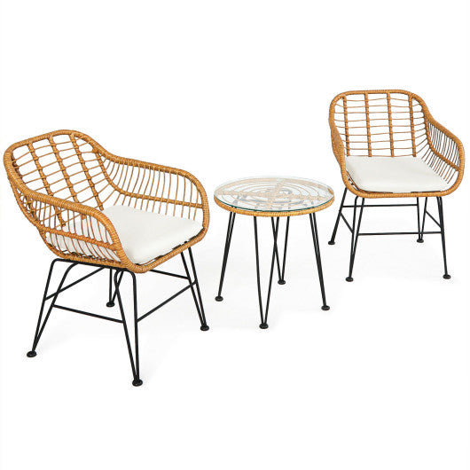 3 Pieces Rattan Furniture Set with Cushioned Chair Table-White