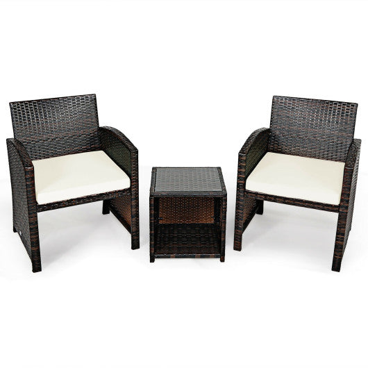 3 Pieces PE Rattan Wicker Furniture Set with Cushion Sofa Coffee Table for Garden-White