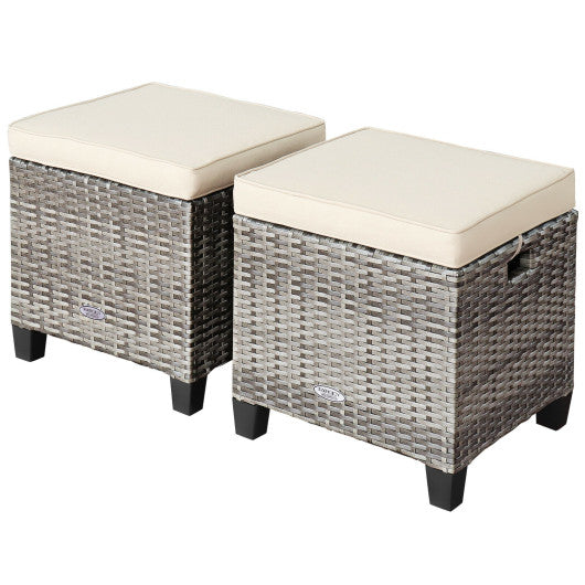 2 Pieces Patio Rattan Ottoman Seat with Removable Cushions-Beige