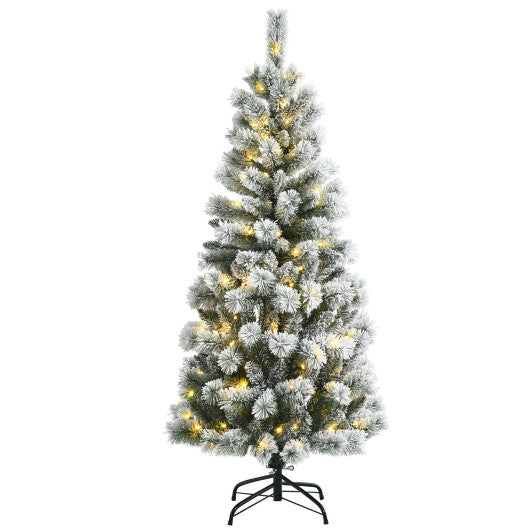 5 Feet Pre-Lit Hinged Christmas Tree Snow Flocked with 9 Lighting Modes