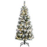 5 Feet Pre-Lit Hinged Christmas Tree Snow Flocked with 9 Lighting Modes