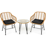 3 Pieces Rattan Furniture Set with Cushioned Chair Table-Black