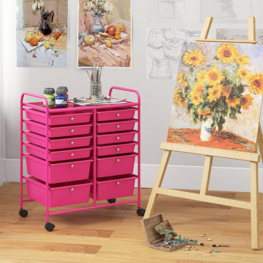 12-Drawer Rolling Storage Cart with Removable Drawers and Lockable Wheels-Rose Red