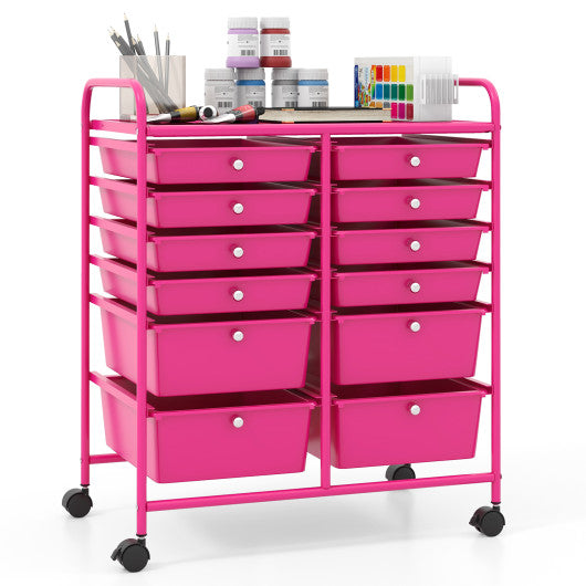 12-Drawer Rolling Storage Cart with Removable Drawers and Lockable Wheels-Rose Red