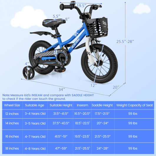 12 Inch Kids Bike Children Bicycle with Training Wheels for 3-4 Years Old-Navy