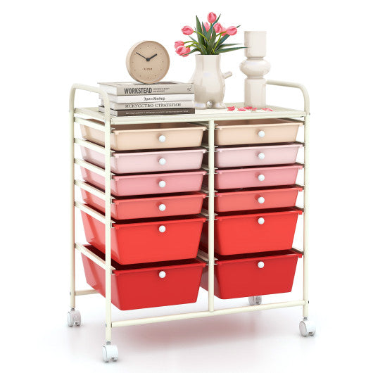 12-Drawer Rolling Storage Cart with Removable Drawers and Lockable Wheels-Pink