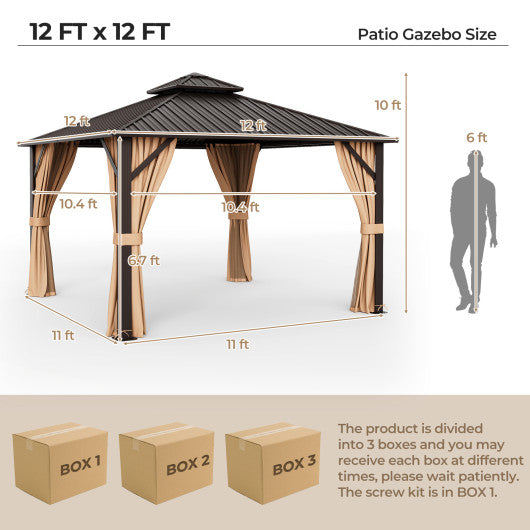 12 x 12 Feet Double-Roof Patio Hardtop Gazebo with Galvanized Steel Roof Netting and Curtains-Coffee