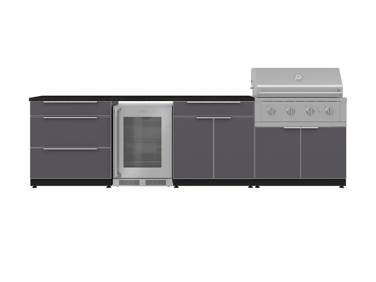 Outdoor Kitchen Aluminum 7 Piece Cabinet Set with 3-Drawer, Bar, Grill Cabinet, Performance Grill, Countertops and Glass Door Fridge