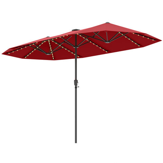 13 FT Large Patio Umbrella with LED Solar Lights and Crank Handle-Red