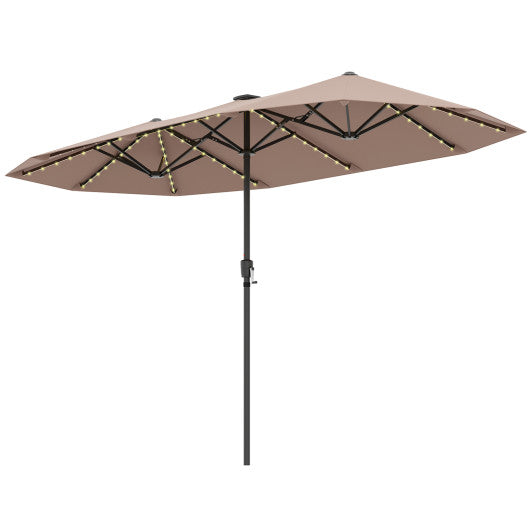 13 FT Large Patio Umbrella with LED Solar Lights and Crank Handle-Coffee