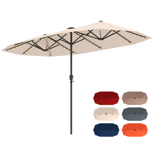 13 FT Large Patio Umbrella with LED Solar Lights and Crank Handle-Beige