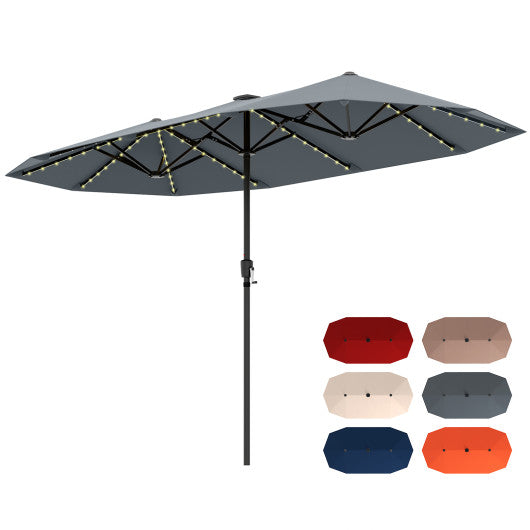 13 FT Large Patio Umbrella with LED Solar Lights and Crank Handle-Gray