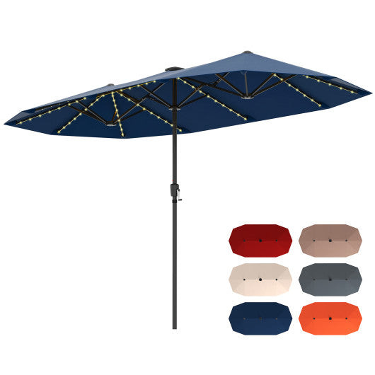 13 FT Large Patio Umbrella with LED Solar Lights and Crank Handle-Navy