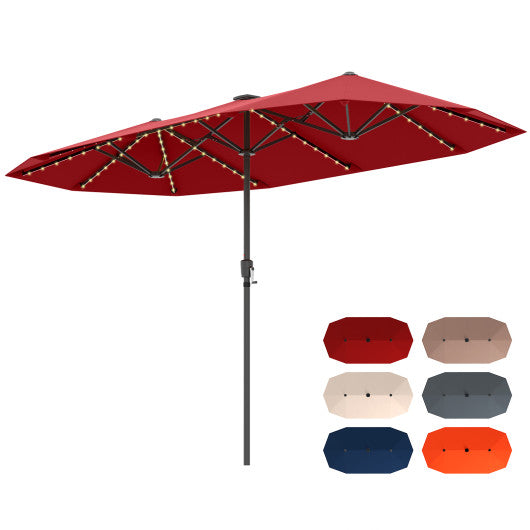 13 FT Large Patio Umbrella with LED Solar Lights and Crank Handle-Red