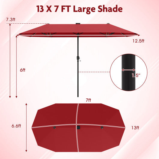 13 FT Large Patio Umbrella with LED Solar Lights and Crank Handle-Red