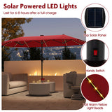 13 FT Large Patio Umbrella with LED Solar Lights and Crank Handle-Red