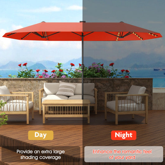 13 FT Large Patio Umbrella with LED Solar Lights and Crank Handle-Orange