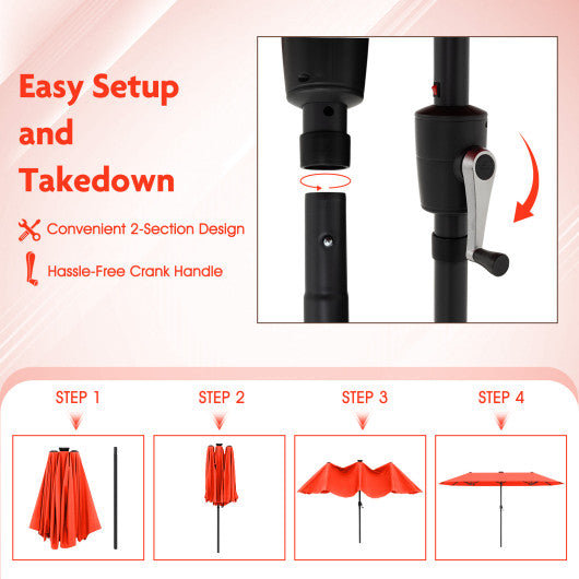 13 FT Large Patio Umbrella with LED Solar Lights and Crank Handle-Orange