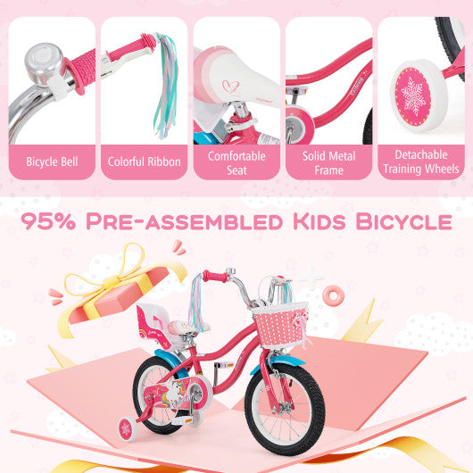 14 Inch Girls Bike for 3-5 Years Old Kids Bike with Doll Seat and Training Wheels-14 inches
