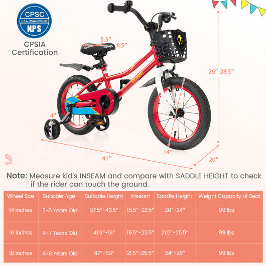 14 Inch Kids Bike with 2 Training Wheels for 3-5 Years Old-Red