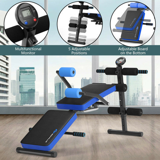 Adjustable Sit Up Bench with LCD Monitor-Blue