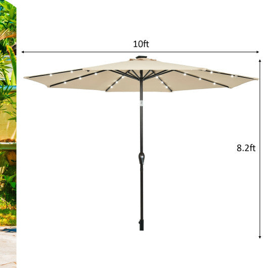 10' Solar LED Lighted Patio Market Umbrella Shade Tilt Adjustment Crank-Beige