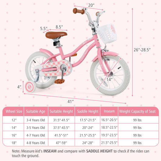 14 Inch Kids Bike with Training Wheels and Basket for Boys Girls 3-5 Years Old-14 inches