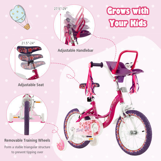 14 Inch Kids Bike with Doll Seat and Removable Training Wheels-14 inches