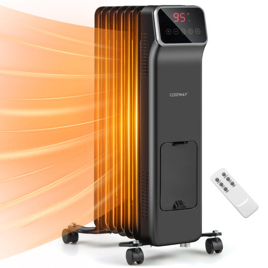 1500W Oil Filled Radiator Heater with Remote Control 3 Modes 24H Timer-Black