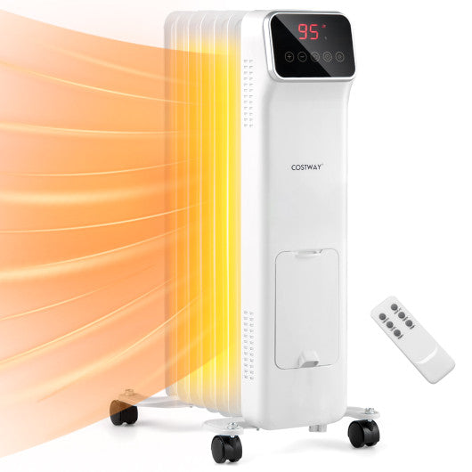 1500W Oil Filled Radiator Heater with Remote Control 3 Modes 24H Timer-White