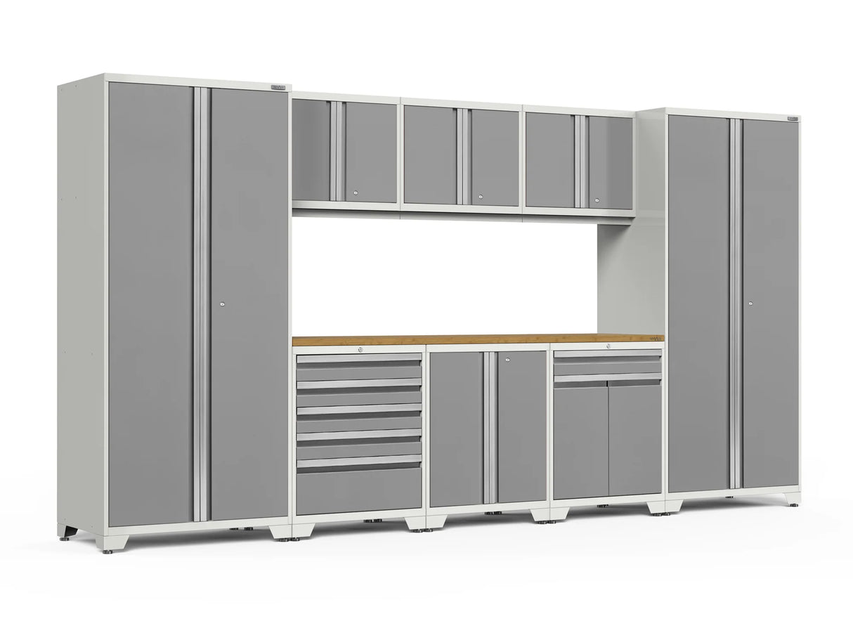 Pro Series 9 Piece Cabinet Set with Wall, Base, Tool Drawer, Multi-Function Cabinet, Lockers, and 84 In. Worktop