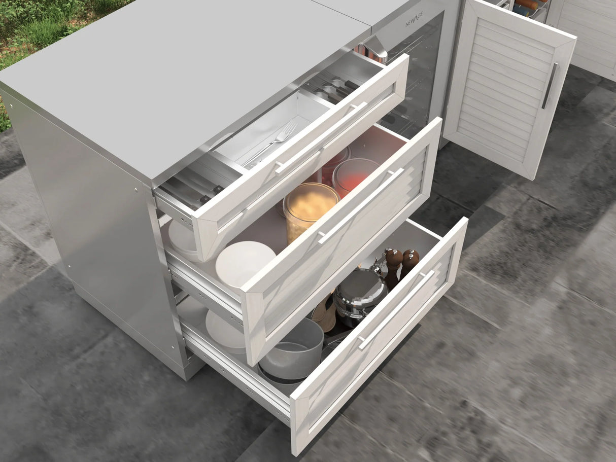 Outdoor Kitchen Stainless Steel 5 Piece Cabinet Set with 3-Drawer, 2-Door Cabinet, Countertops and Fridge