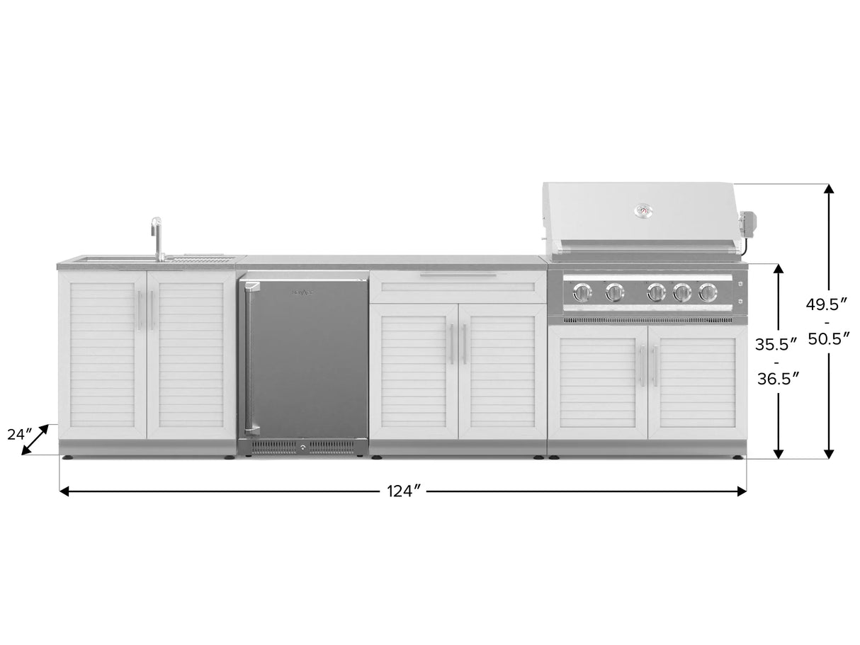 Outdoor Kitchen Stainless Steel 6 Piece Cabinet Set with Sink, Bar, Grill Cabinet, Platinum Grill, Countertop and Stainless Steel Door Fridge