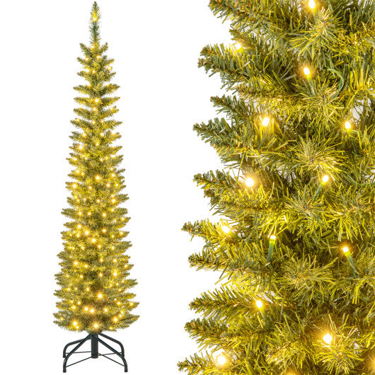 5/6/7/8/9 Feet Pre-lit Pencil Artificial Christmas Tree with 150/180/200//300/400 Warm White LED Lights-5 ft