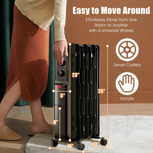 1500W Oil Filled Portable Radiator Space Heater with Adjustable Thermostat-Black