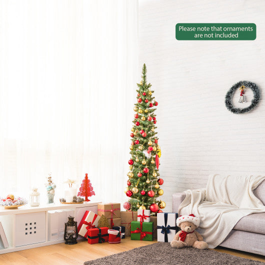 5/6/7/8/9 Feet Pre-lit Pencil Artificial Christmas Tree with 150/180/200//300/400 Warm White LED Lights-5 ft