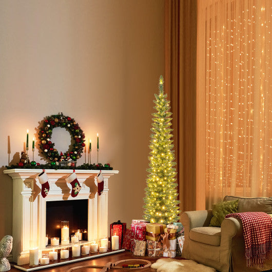 5/6/7/8/9 Feet Pre-lit Pencil Artificial Christmas Tree with 150/180/200//300/400 Warm White LED Lights-5 ft