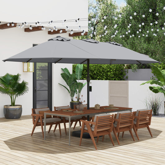 15 Feet Double-Sided Twin Patio Umbrella with Crank and Base-Gray