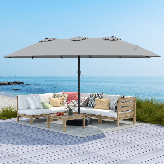15 Feet Double-Sided Twin Patio Umbrella with Crank and Base-Gray
