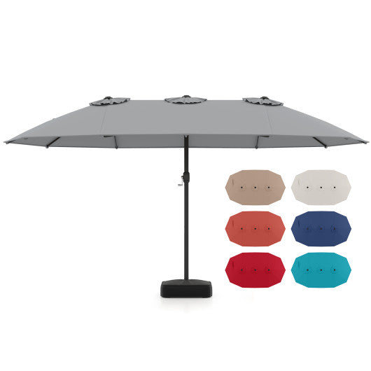 15 Feet Double-Sided Twin Patio Umbrella with Crank and Base-Gray