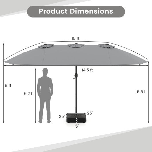 15 Feet Double-Sided Twin Patio Umbrella with Crank and Base-Gray