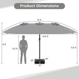 15 Feet Double-Sided Twin Patio Umbrella with Crank and Base-Gray
