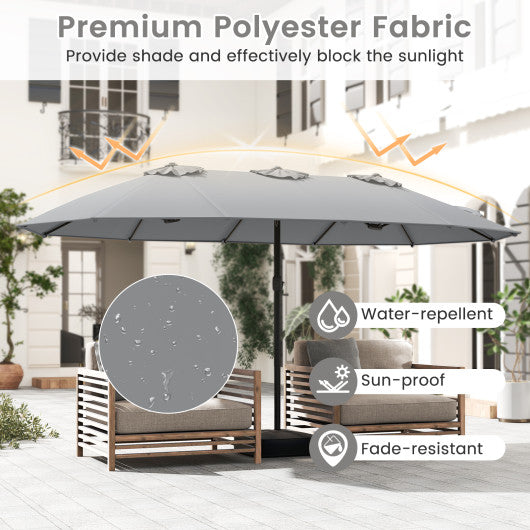 15 Feet Double-Sided Twin Patio Umbrella with Crank and Base-Gray