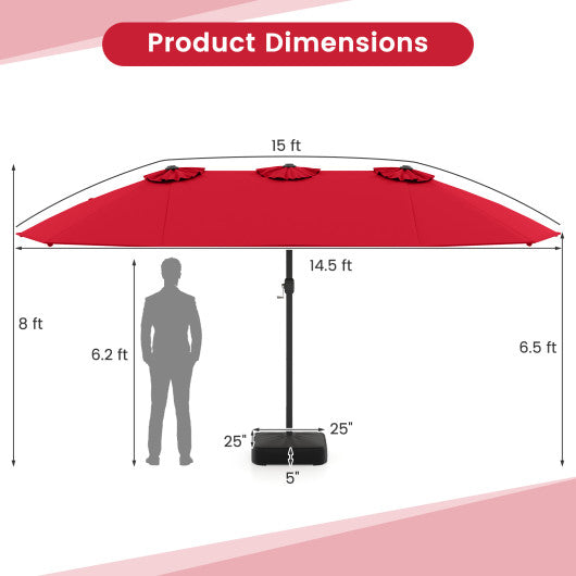 15 Feet Double-Sided Twin Patio Umbrella with Crank and Base-Red