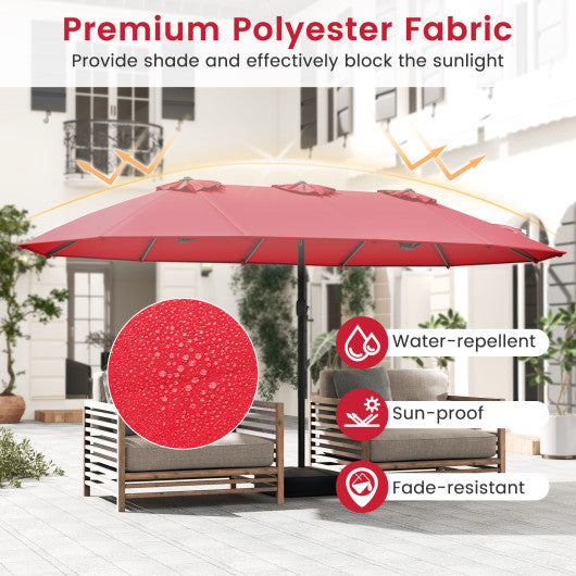 15 Feet Double-Sided Twin Patio Umbrella with Crank and Base-Red